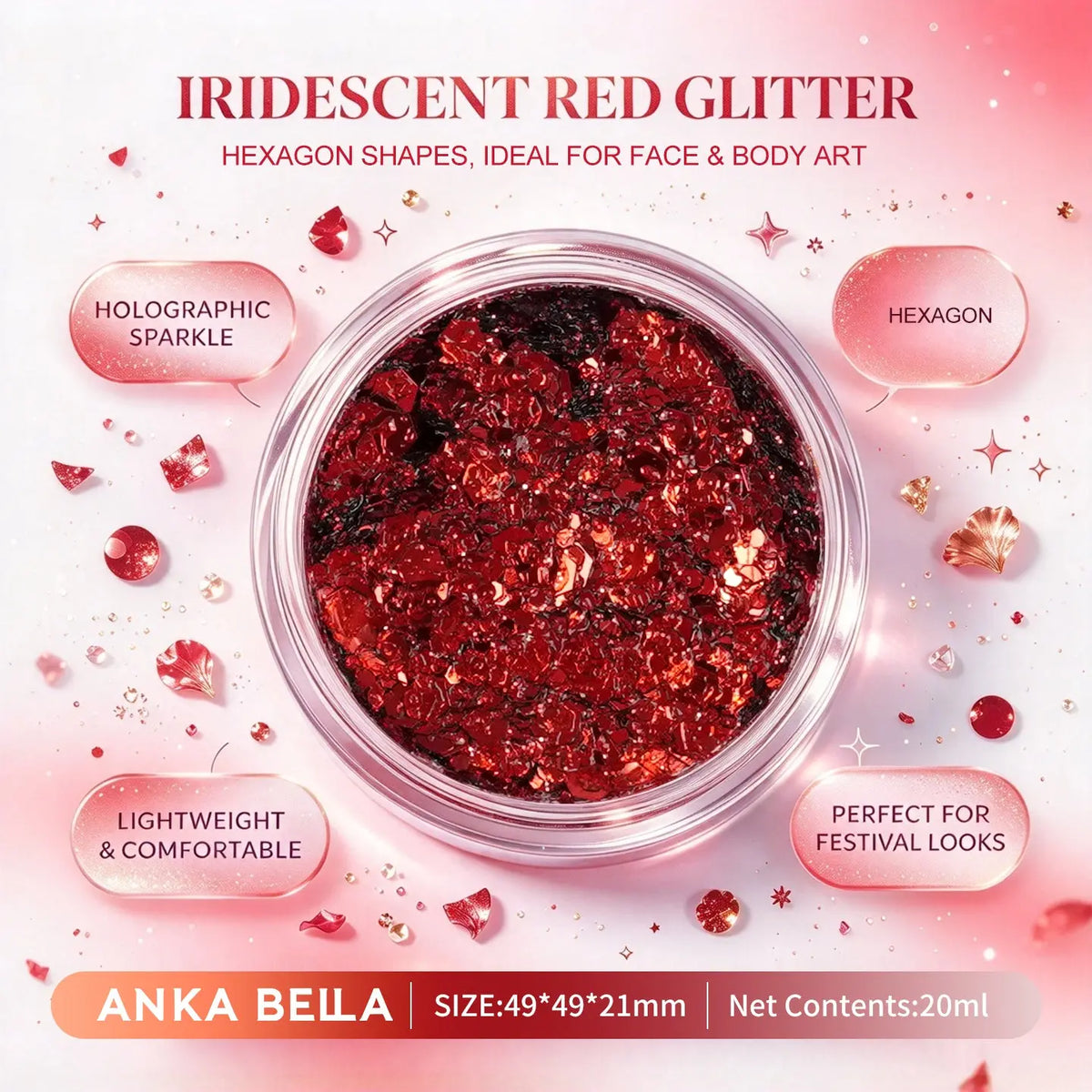 Anka Bella iridescent red holographic face body glitter jar, hexagon sequins for Valentine and festival makeup