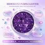 Anka Bella iridescent purple holographic face body glitter jar, hexagon sequins for festival party makeup