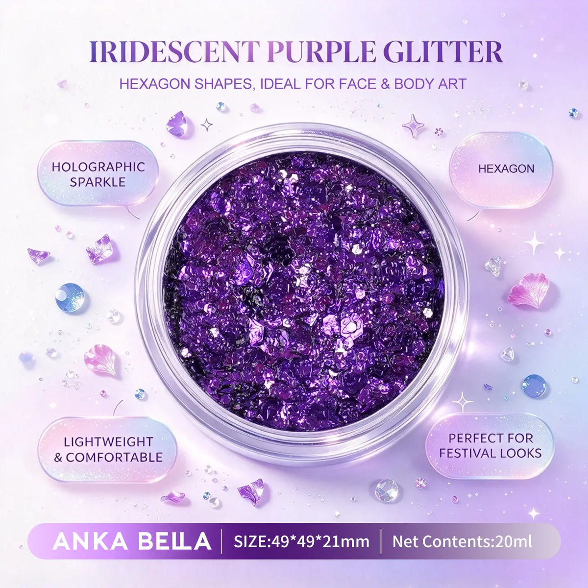 Anka Bella iridescent purple holographic face body glitter jar, hexagon sequins for festival party makeup