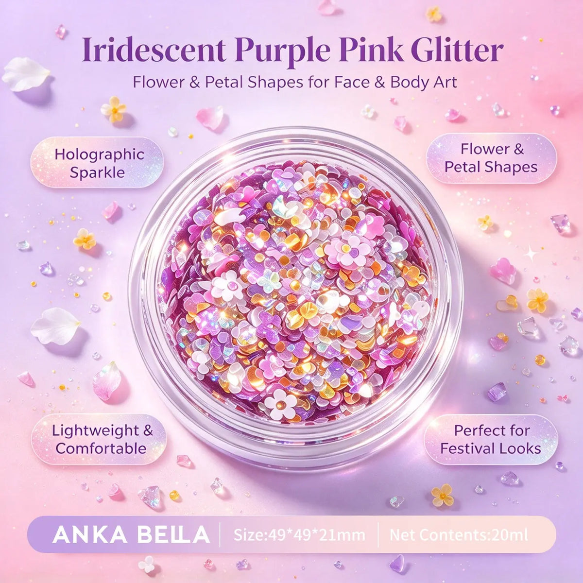 Anka Bella iridescent purple pink glitter jar, flower petal holographic sequins for face body festival makeup