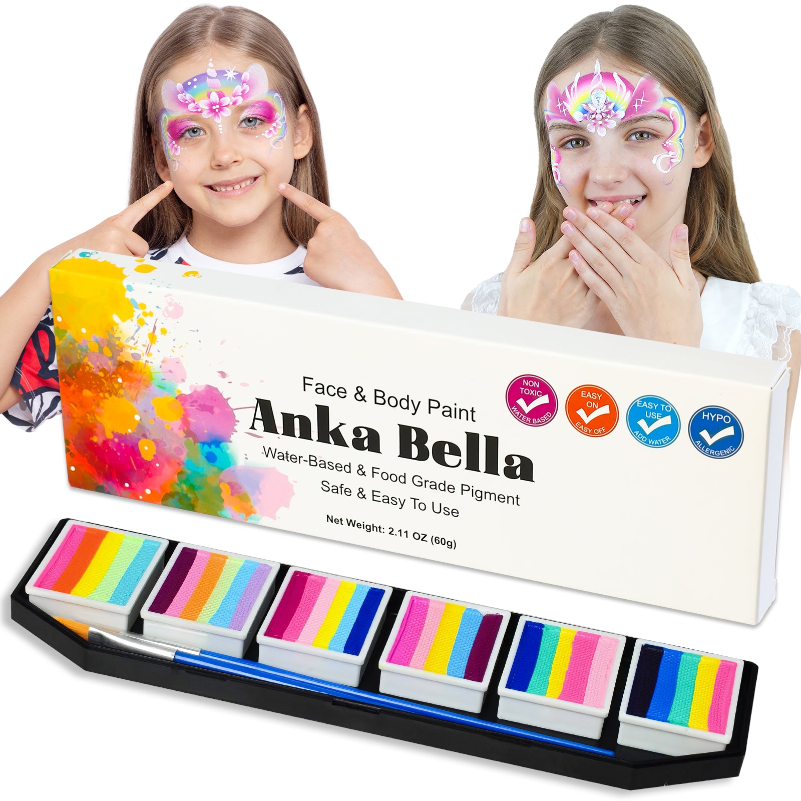 60gm Water Activated Split Cake Face Paint,Professional Washable Non Toxic Face Painting Kit for Kids & Adults,Gift for Halloween Birthday Parties/Carnival