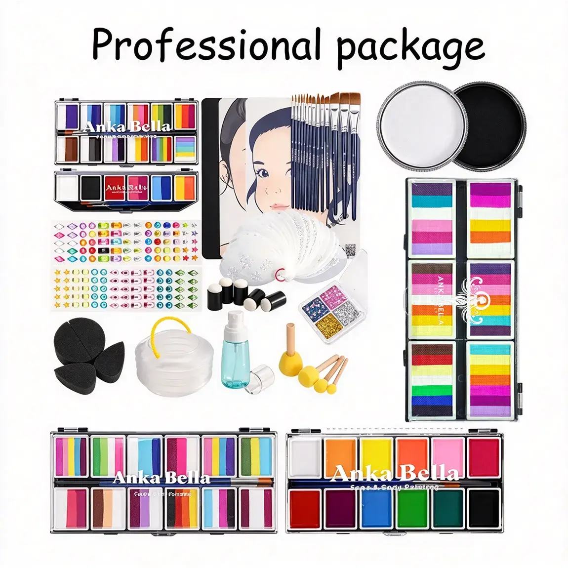 Anka Bella All-in-One Pro Face Paint Kit (20-Pcs Set) + 129 Video Masterclass Bundle Anka Bella