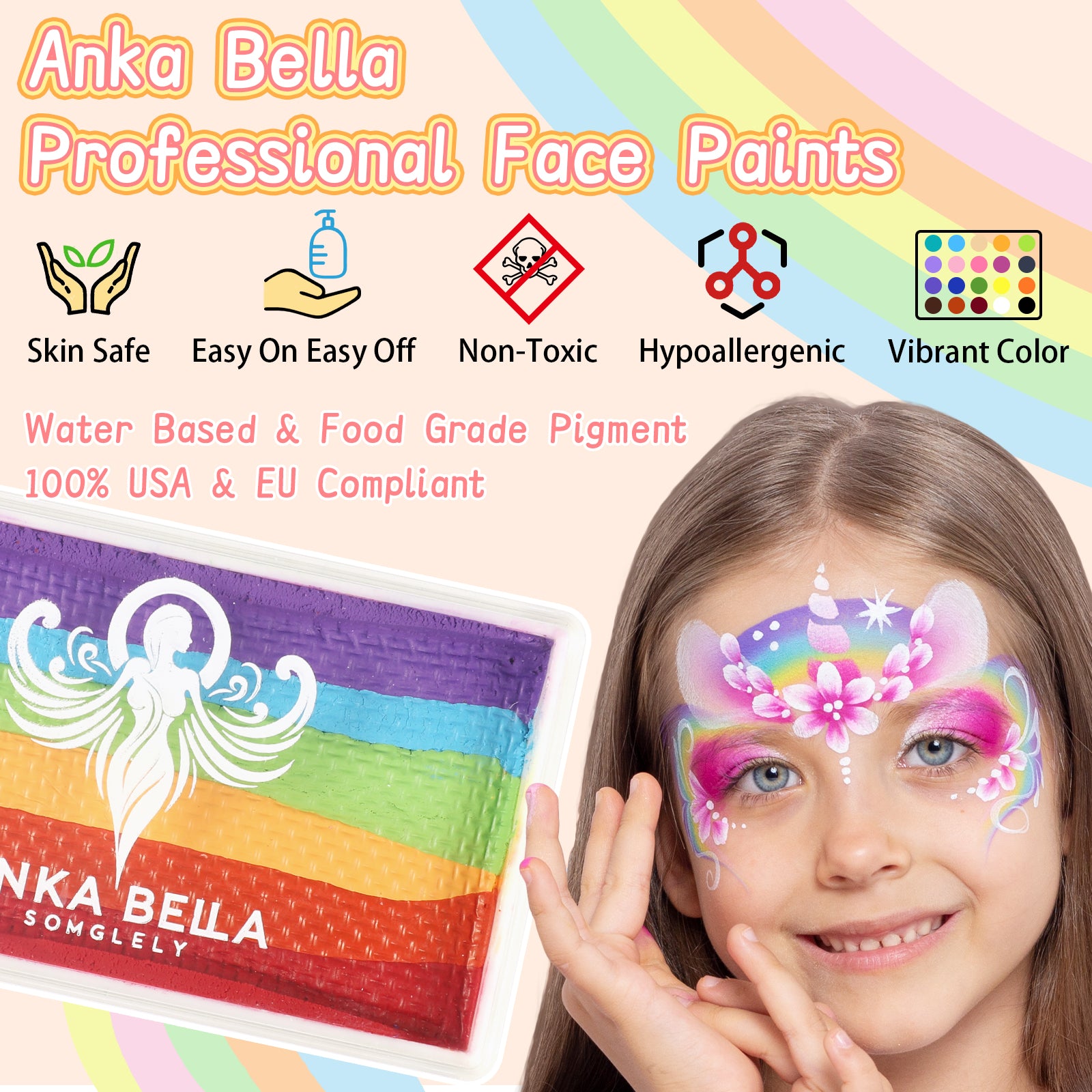 Pintura profesional para niños, fácil de limpiar y brillante (set arcoíris colorido) 