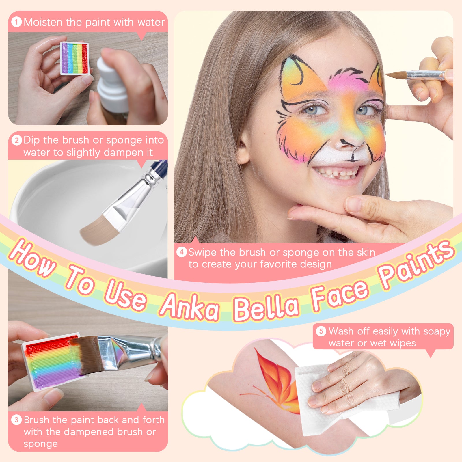 Pintura profesional para niños, fácil de limpiar y brillante (set arcoíris colorido) 