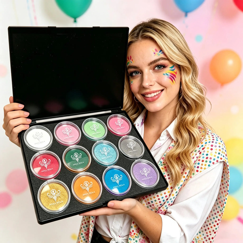 Anka Bella 12 shimmer pearl face paint box specifications, 30g per pot metallic body paint set