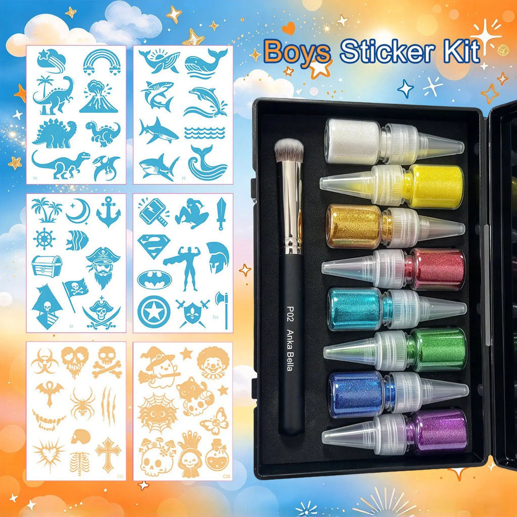 Anka Bella DIY Glitter Tattoos Kit, Skin-Safe Temporary Glitter Tattoo Stencils Set for Kids, Halloween & Party Body Art Anka Bella