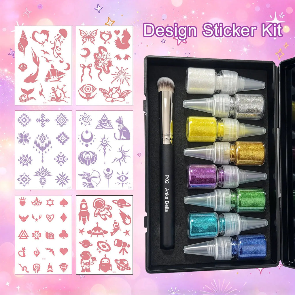Anka Bella DIY Glitter Tattoos Kit, Skin-Safe Temporary Glitter Tattoo Stencils Set for Kids, Halloween & Party Body Art Anka Bella