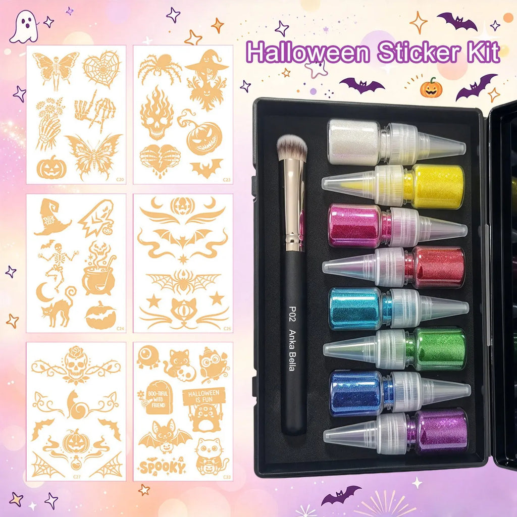 Anka Bella DIY Glitter Tattoos Kit, Skin-Safe Temporary Glitter Tattoo Stencils Set for Kids, Halloween & Party Body Art Anka Bella