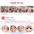 Step-by-step guide for using AnkaBella water-activated face paint with sponge and brush.