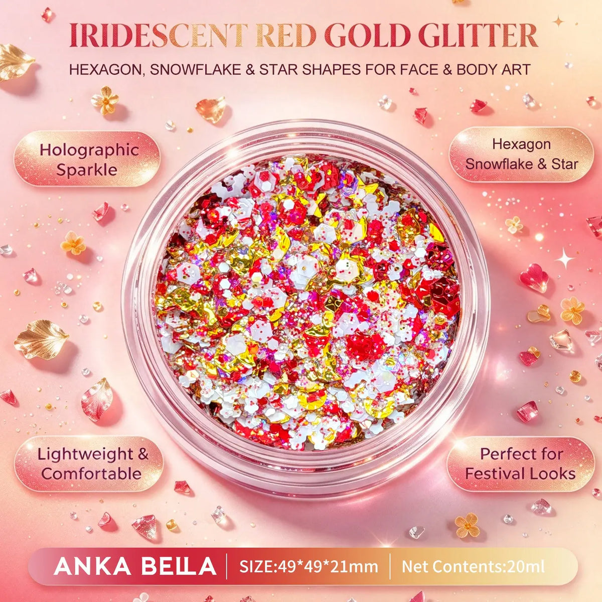Anka Bella iridescent red gold holographic face body glitter jar, snowflake star hexagon sequins for holiday festival makeup