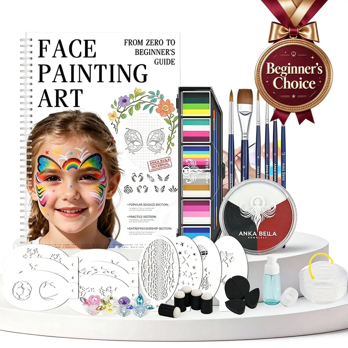 Beginner's Choice face painting set featuring face painting art book guide, video tutorials, practice stencils, and paint materials
