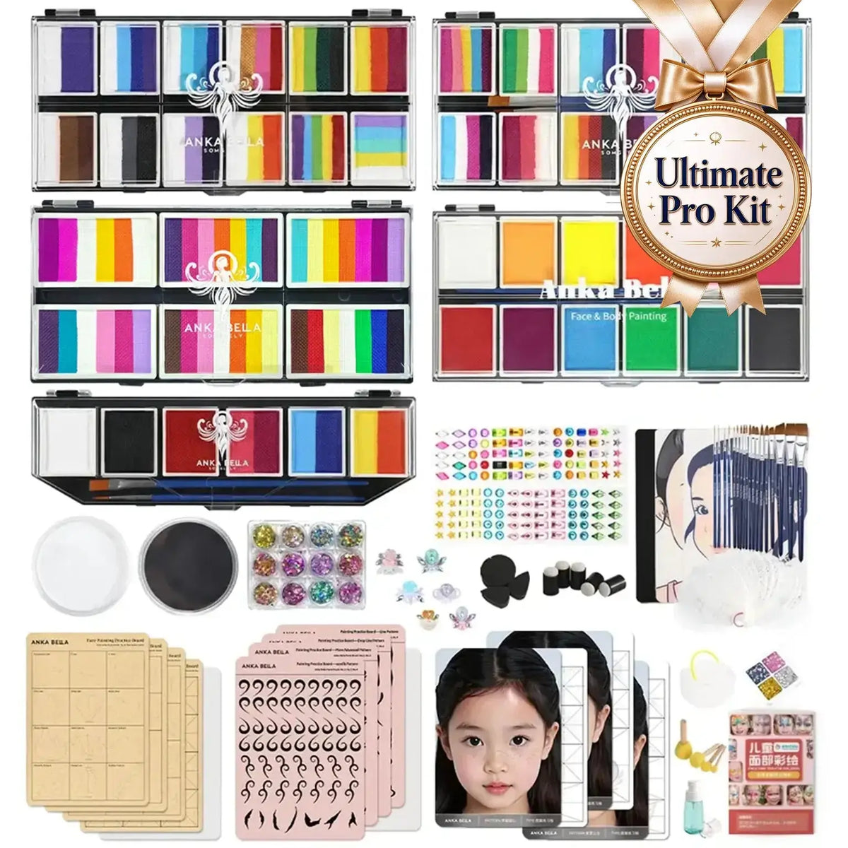 Ultimate Pro Face Painting Kit with 129 online video courses, 38-color paint palette, practice boards, brushes, and accessories by Anka Bella