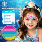 Anka Bella water-activated matte face and body paint 30g mermaid rainbow split cake on skin-safe non-toxic background