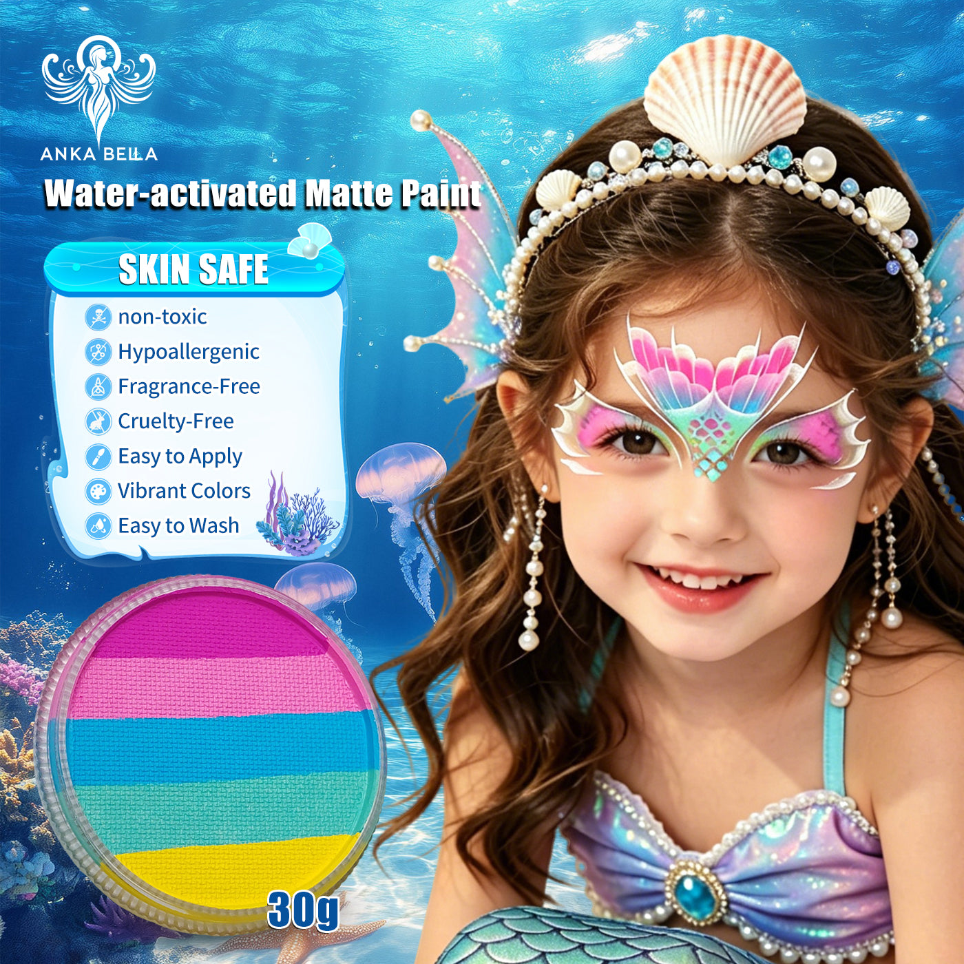 Anka Bella water-activated matte face and body paint 30g mermaid rainbow split cake on skin-safe non-toxic background