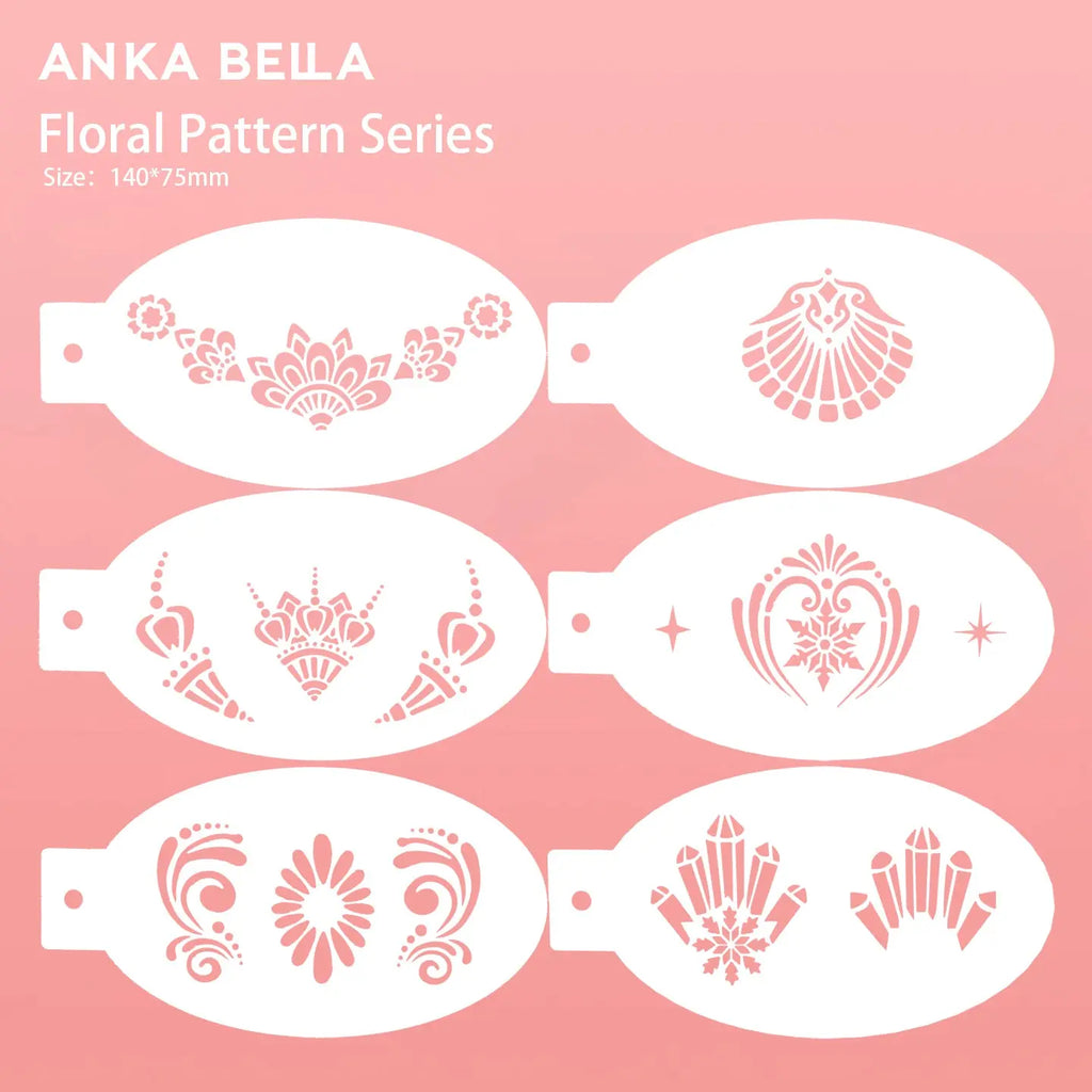 AnkaBella Floral Pattern Series face paint stencils, crown crystal mandala designs