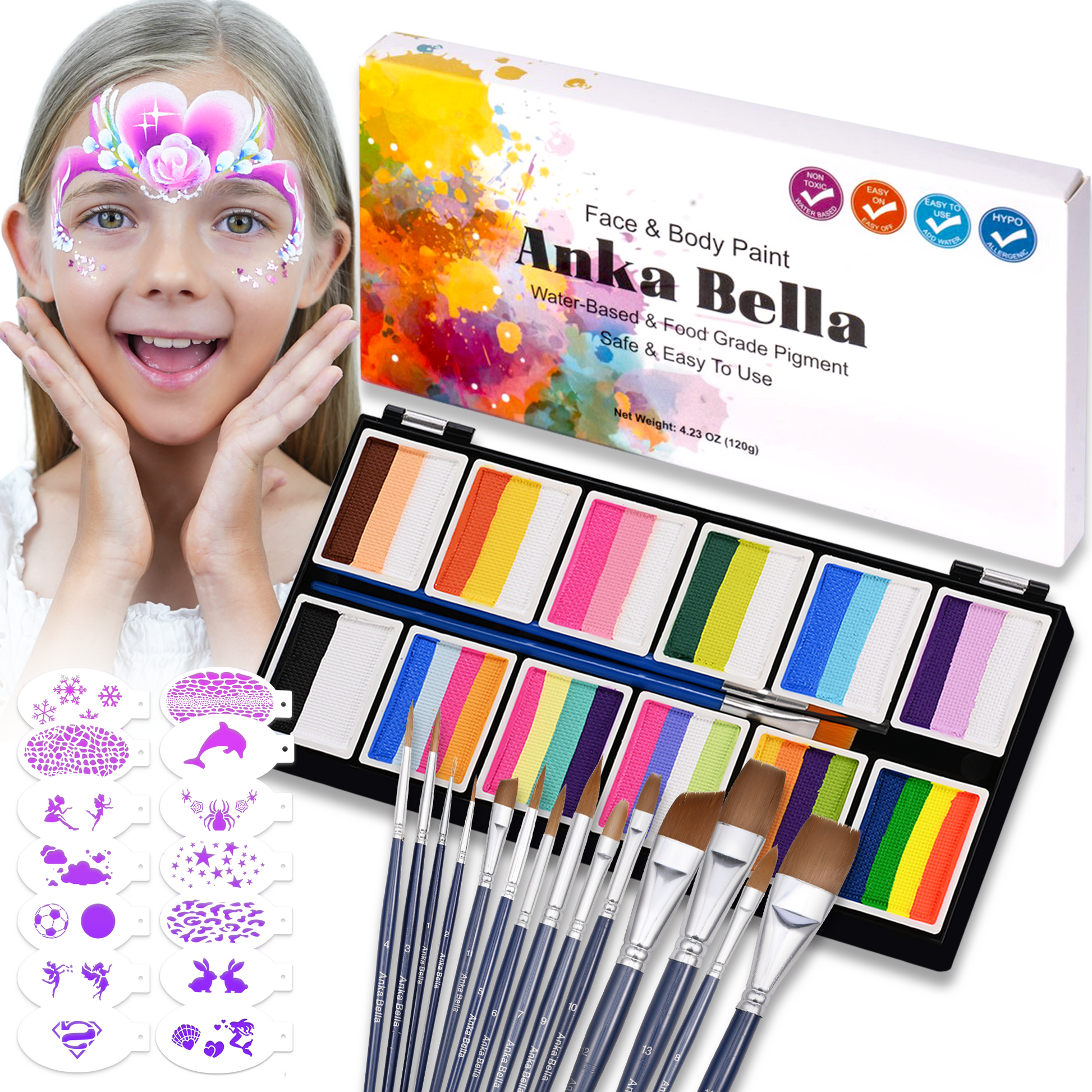 Pintura facial con combinación de macarrones y discos de 12 colores de Anka Bella