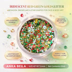 Anka Bella iridescent red green gold holographic face body glitter jar, snowflake star hexagon sequins for Christmas festival makeup