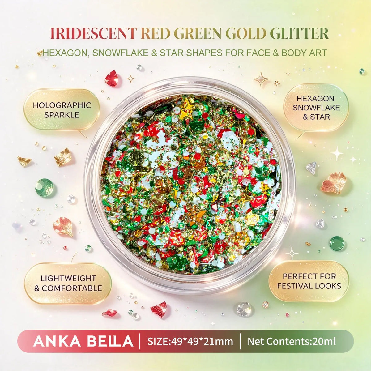 Anka Bella iridescent red green gold holographic face body glitter jar, snowflake star hexagon sequins for Christmas festival makeup