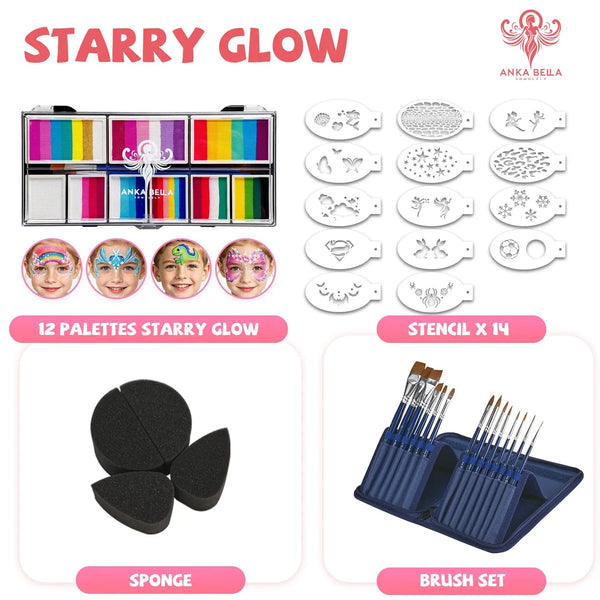 AnkaBella face paint kit contents: palette, 14 stencils, sponges and 14-piece brush set.