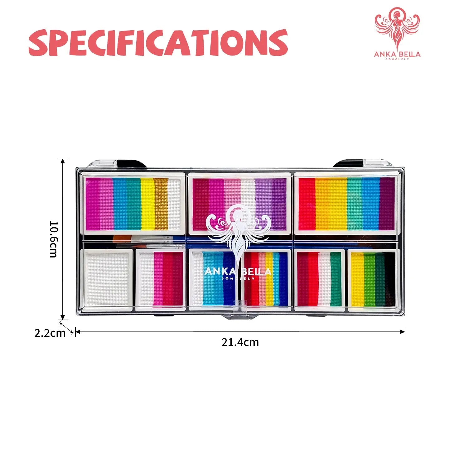Dimensions of AnkaBella Starry Glow face paint palette (21.4x10.6x2.2cm).