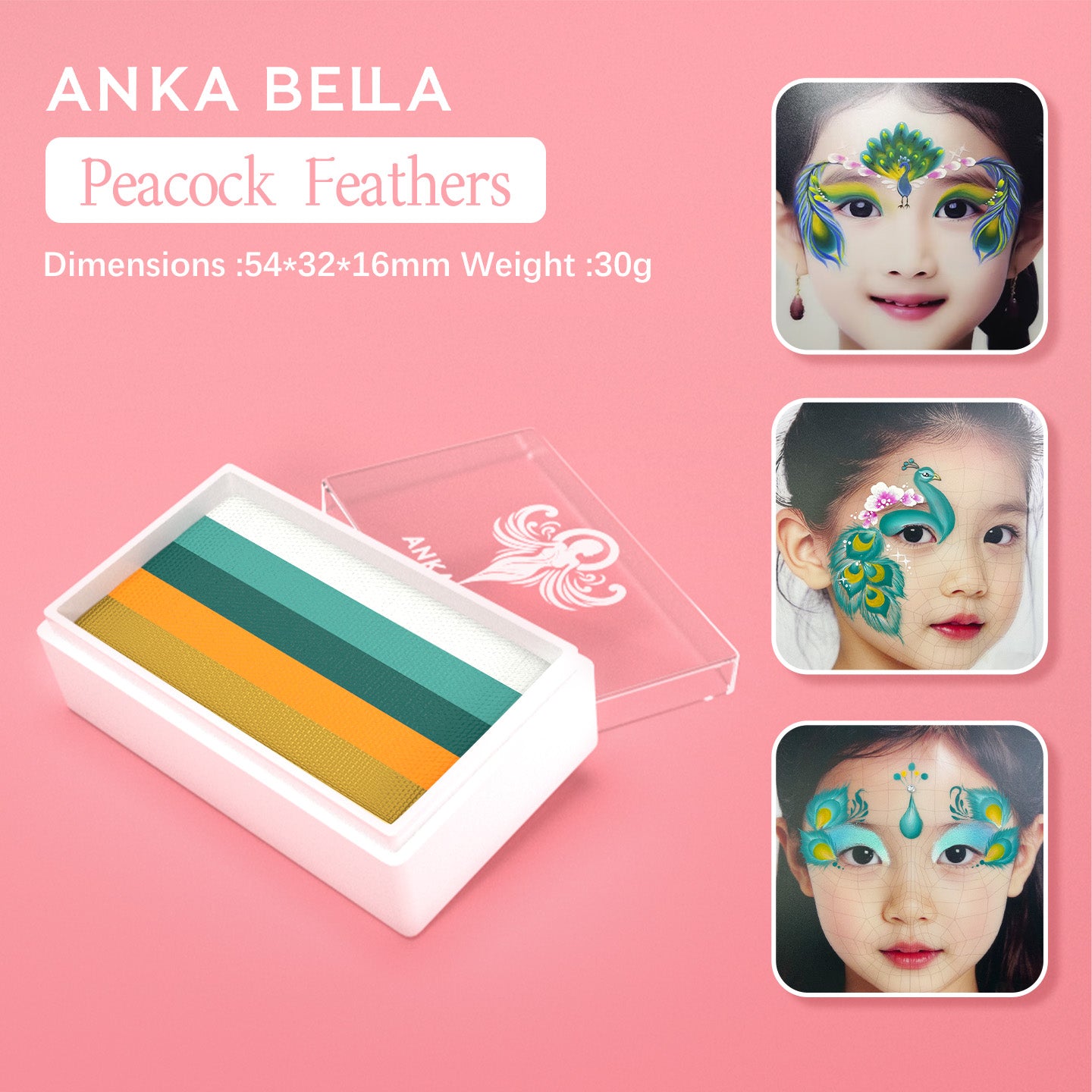 Peacock Golden Feather Rainbow Stripes Face paint, Anka bella
